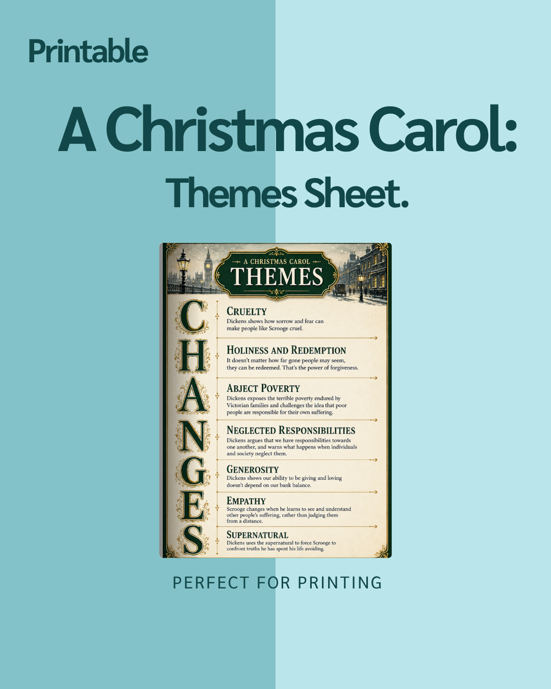 A Christmas Carol Themes Sheet.