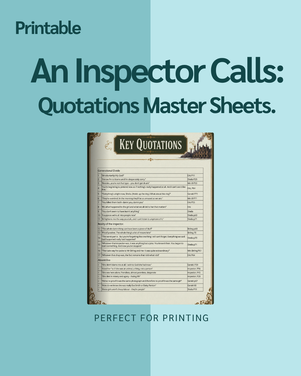 An Inspector Calls Quotations Master Sheets