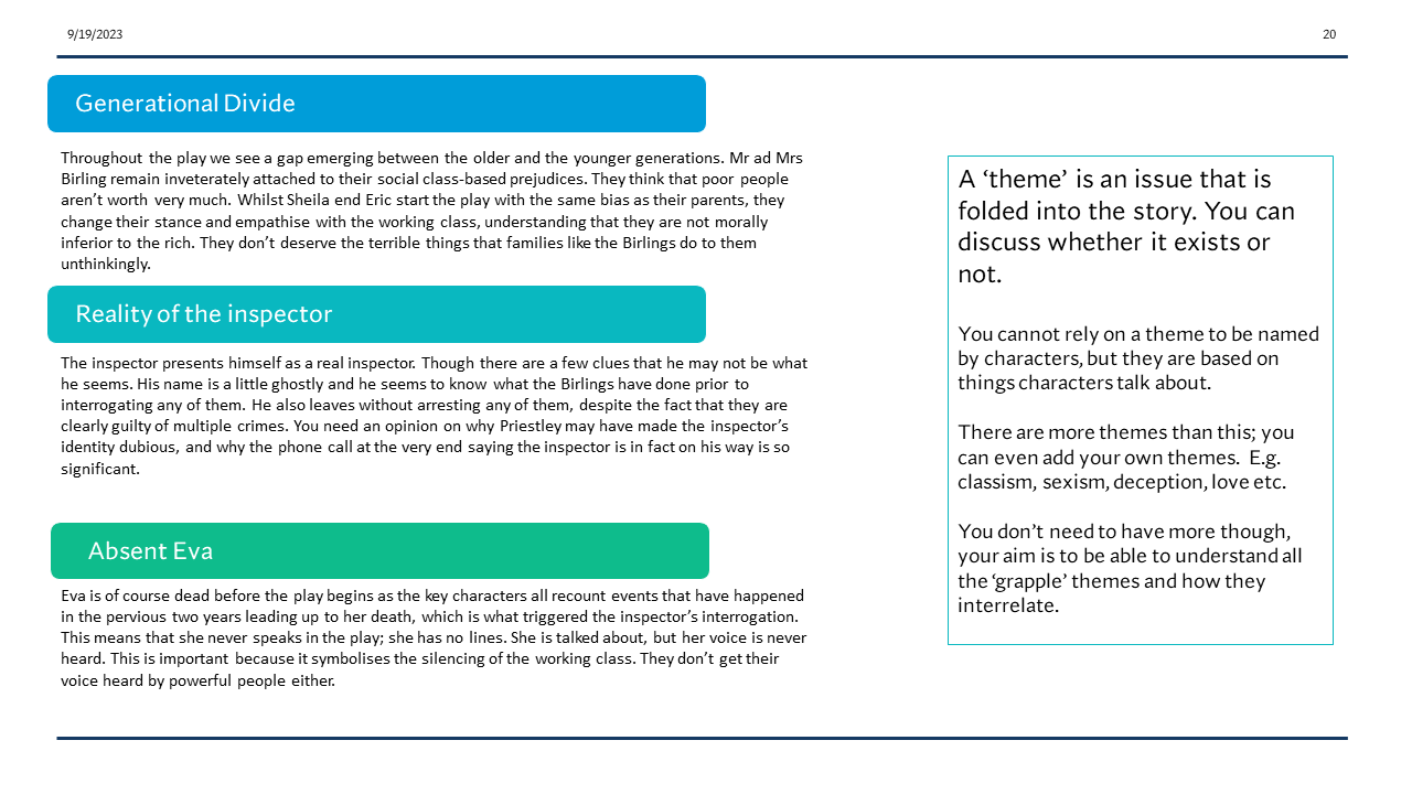 An Inspector Calls Themes Sheet.