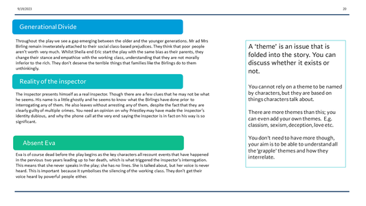 An Inspector Calls Themes Sheet.