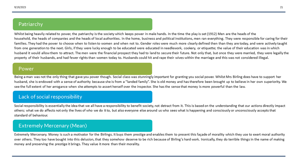An Inspector Calls Themes Sheet.